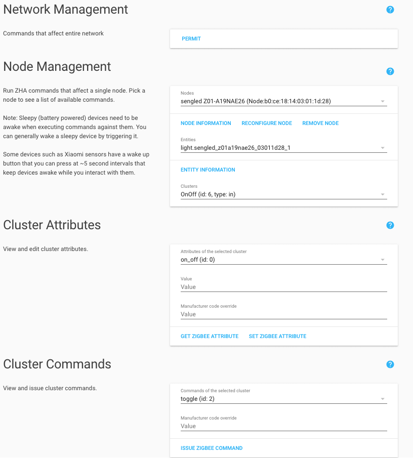 Screenshot of the Zigbee management panel.