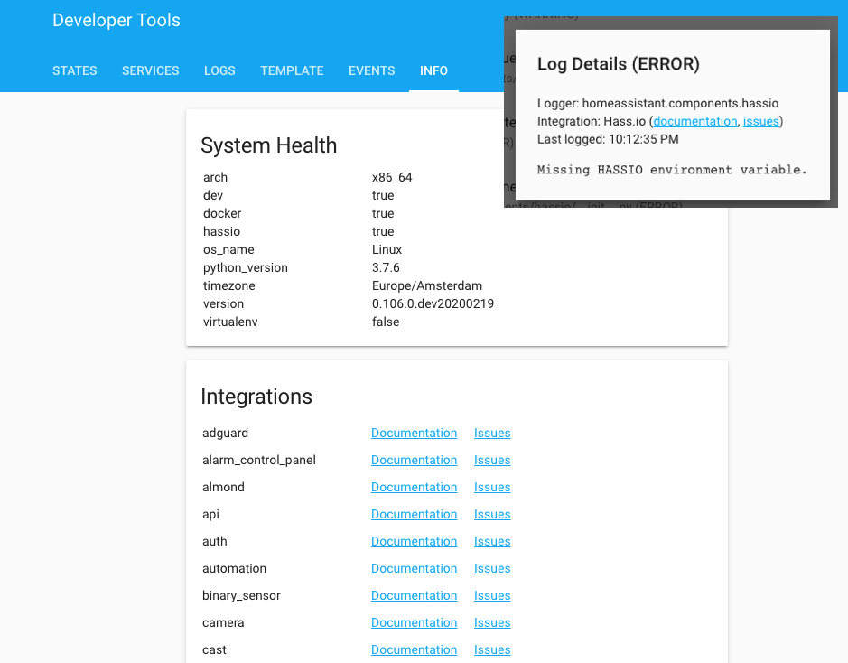 Screenshot of the integrations list and an example log message