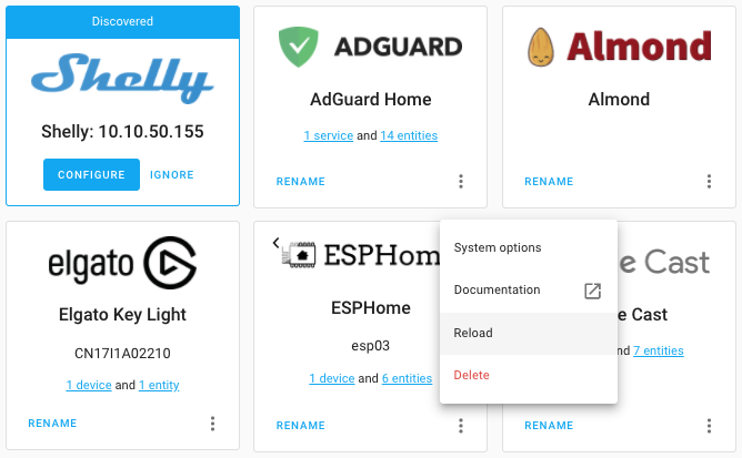 Screenshot of reloading an UI configured integration.