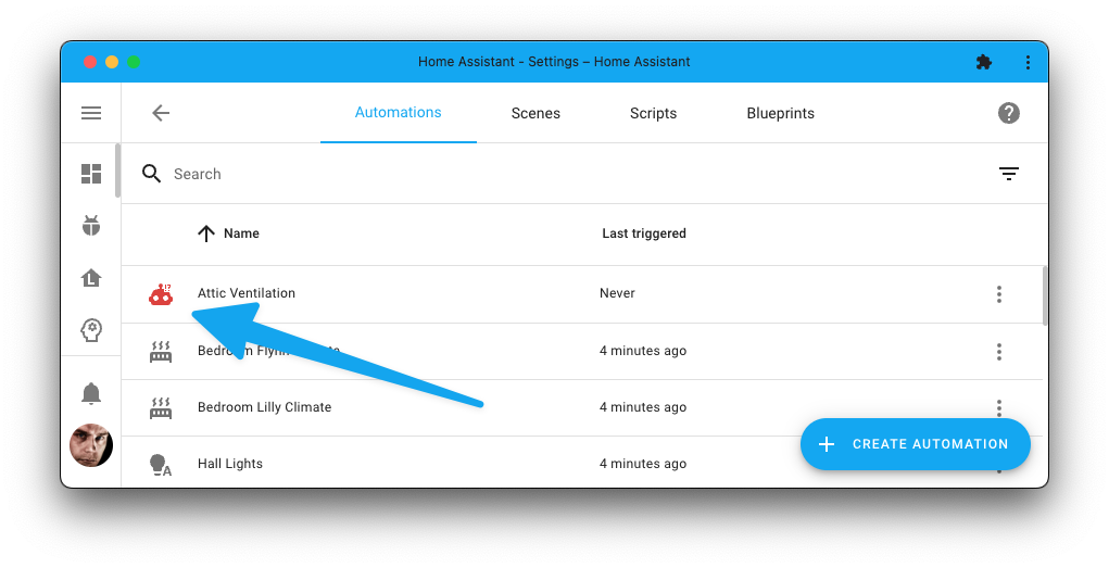 Screenshot showing the list of automations, with one broken automation in that list.