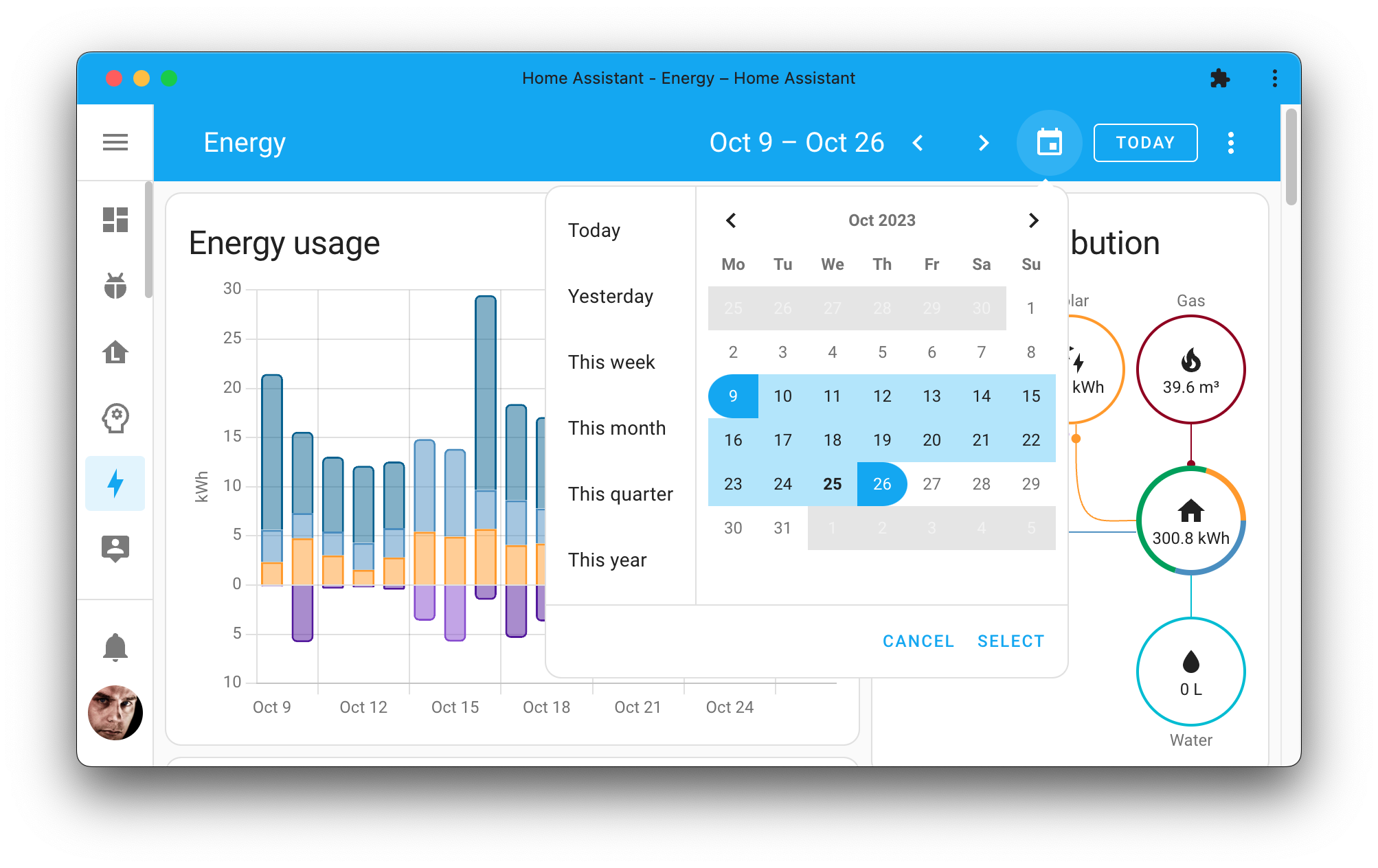 Screenshot showing the energy dashboard, which now allows you to select a custom date range.