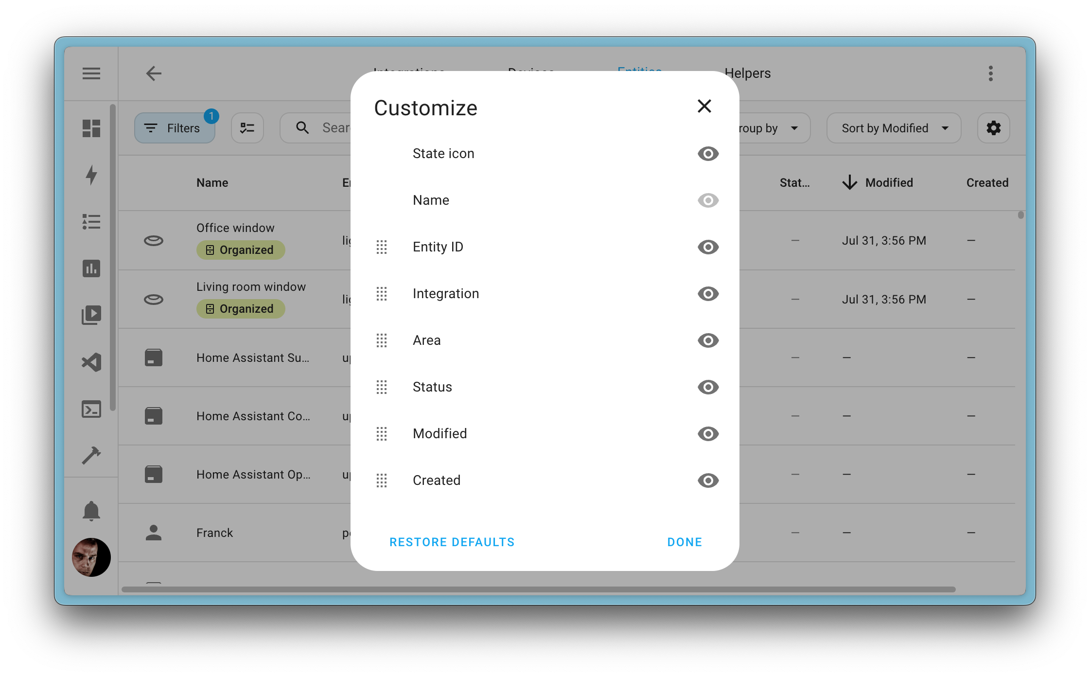 Screenshot showing the new created and modified columns of the entities table, allowing one to sort on these new values.