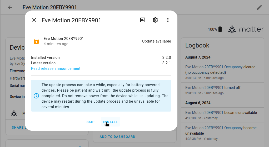 Screenshot showing an firmware update for an Matter device being able and can be installed straight from the Home Assistant UI.