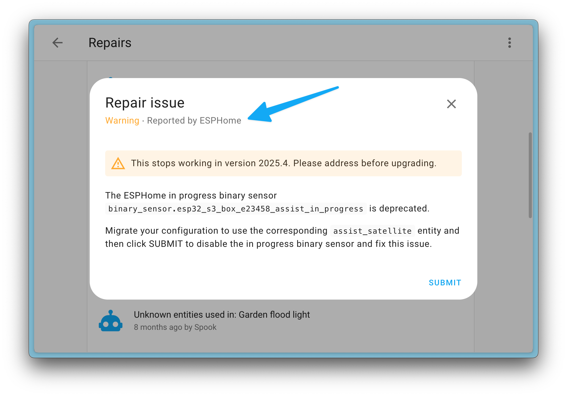 Screenshot showing the new repairs dialog reporting the integration that raised it.