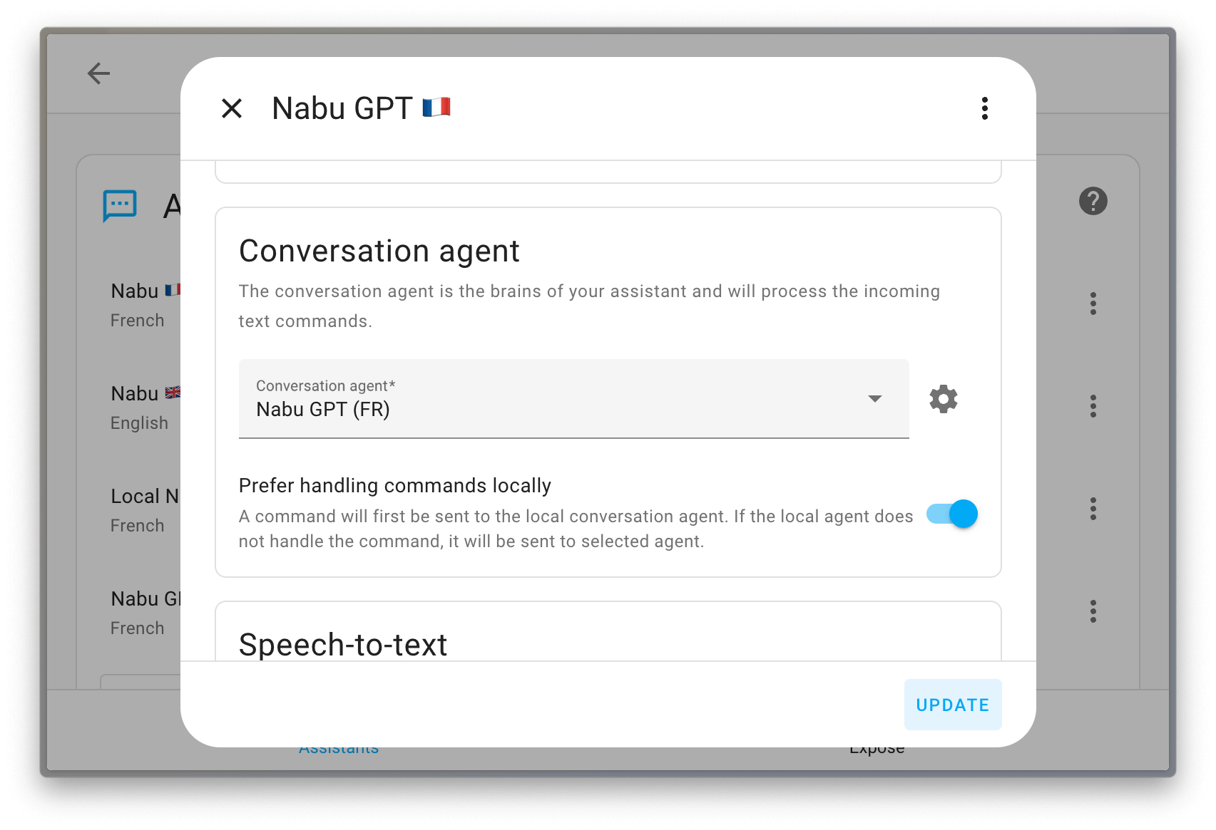 Dialog showing the Assist pipeline configuration, showing the new option to prefer handling commands locally.