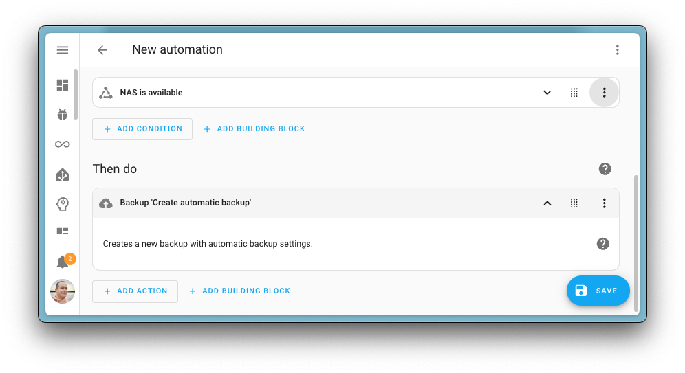 Screenshot showing an automation in the automation editor that is using the new action to create an automated backup.