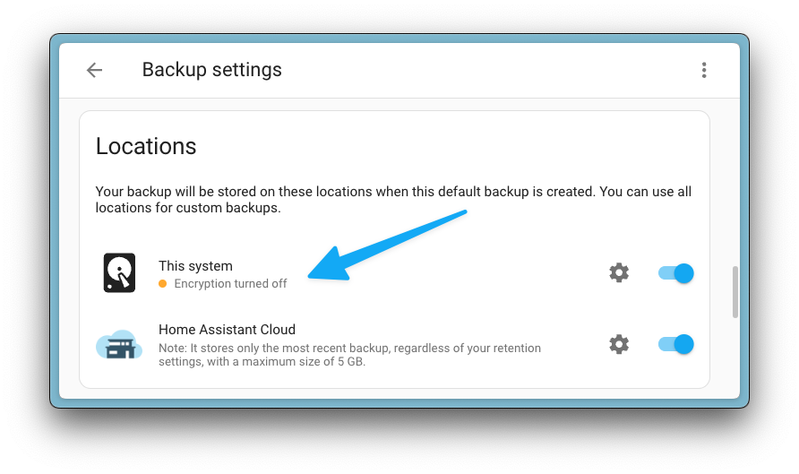 Screenshot showing the backup locations, one location indicates that encryption has been turned off.