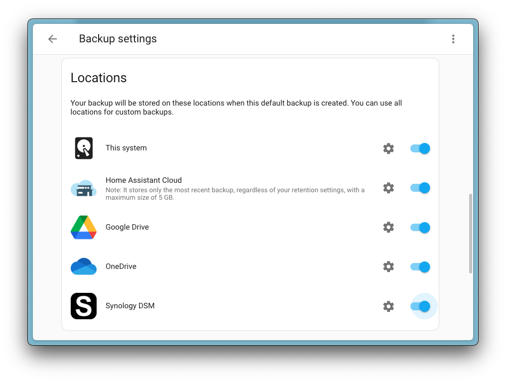 Screenshot showing the backup configuration panel, with all possible backup integrations set up!