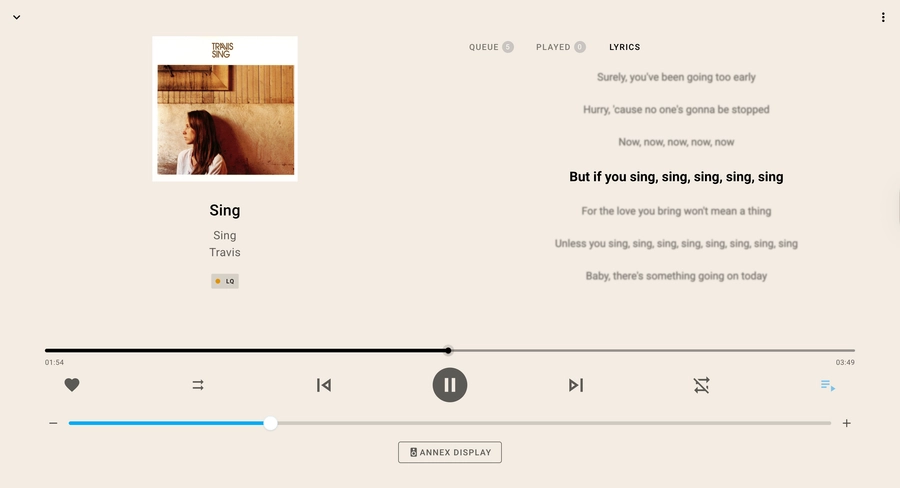 Screenshot of the Music Assistant player with lyrics alongside album art
