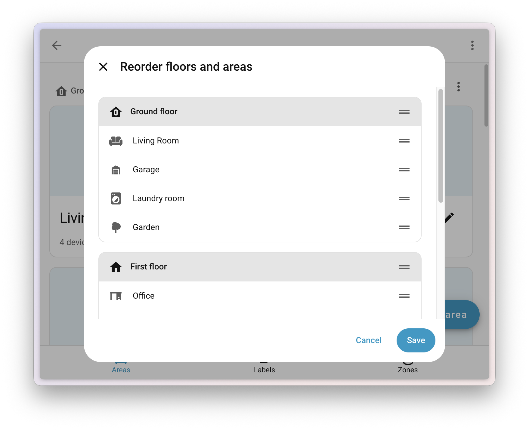 Screenshot showing the reorder areas and floors menu.