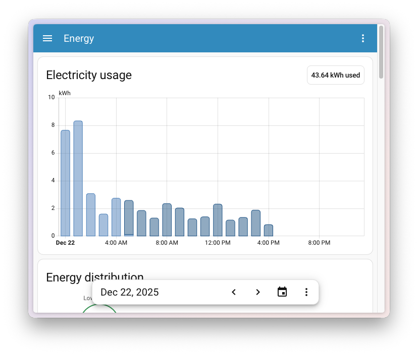 Screenshot showing the Energy dashboard with the date picker fixed at the bottom of the screen.
