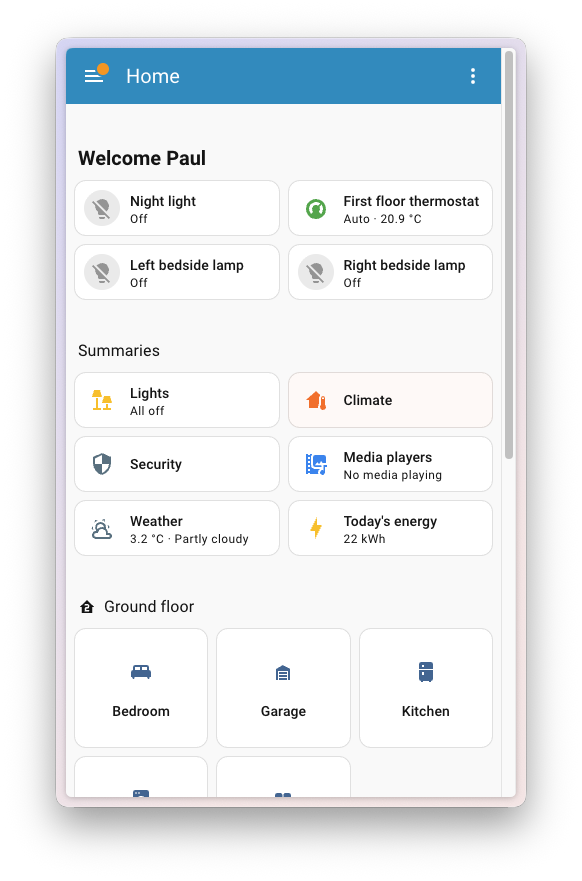 Screenshot showing the Home dashboard on mobile with summary cards at the top.