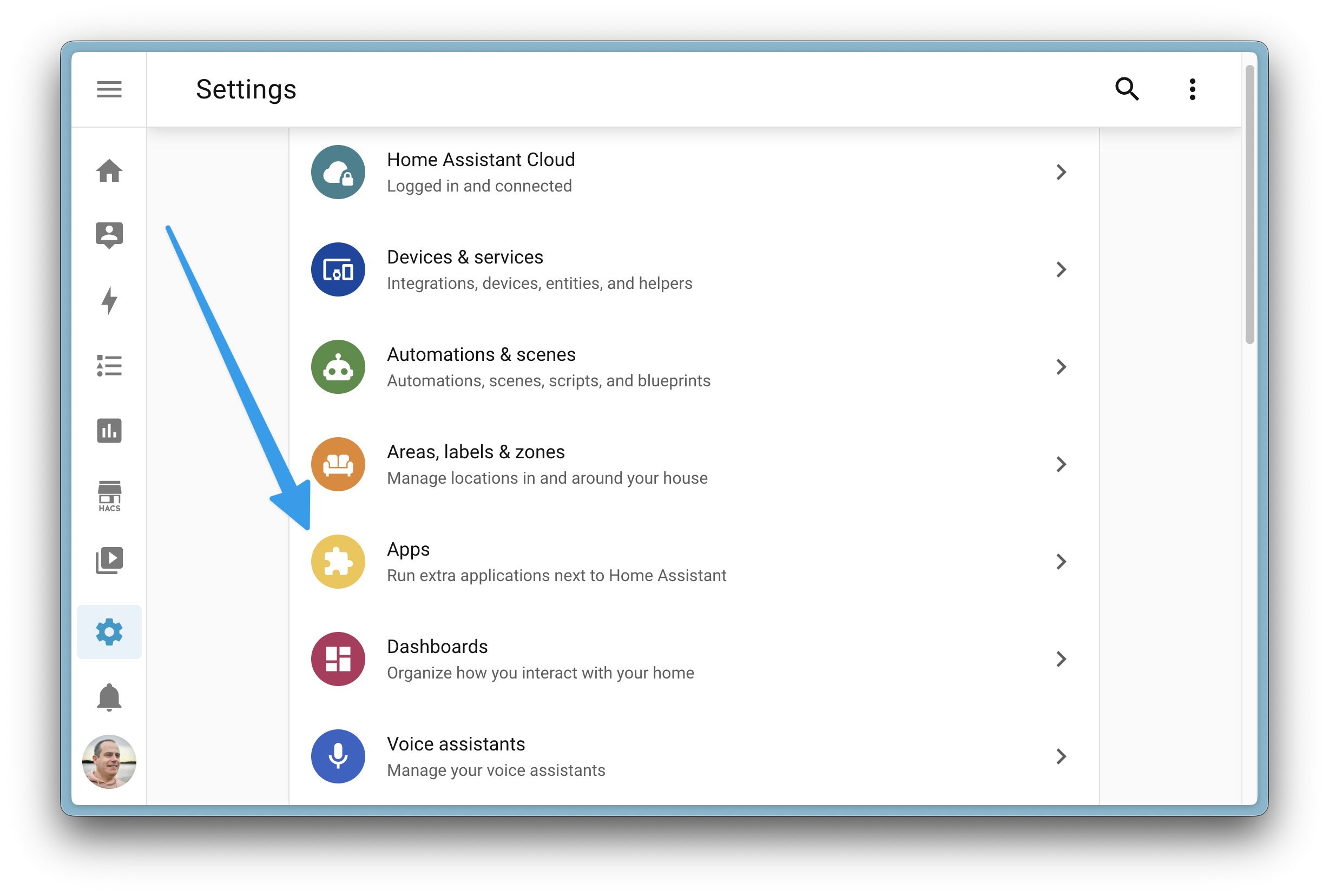 Screenshot showing the settings menu, that now contains the Apps items instead of Add-ons (as it was called previously)
