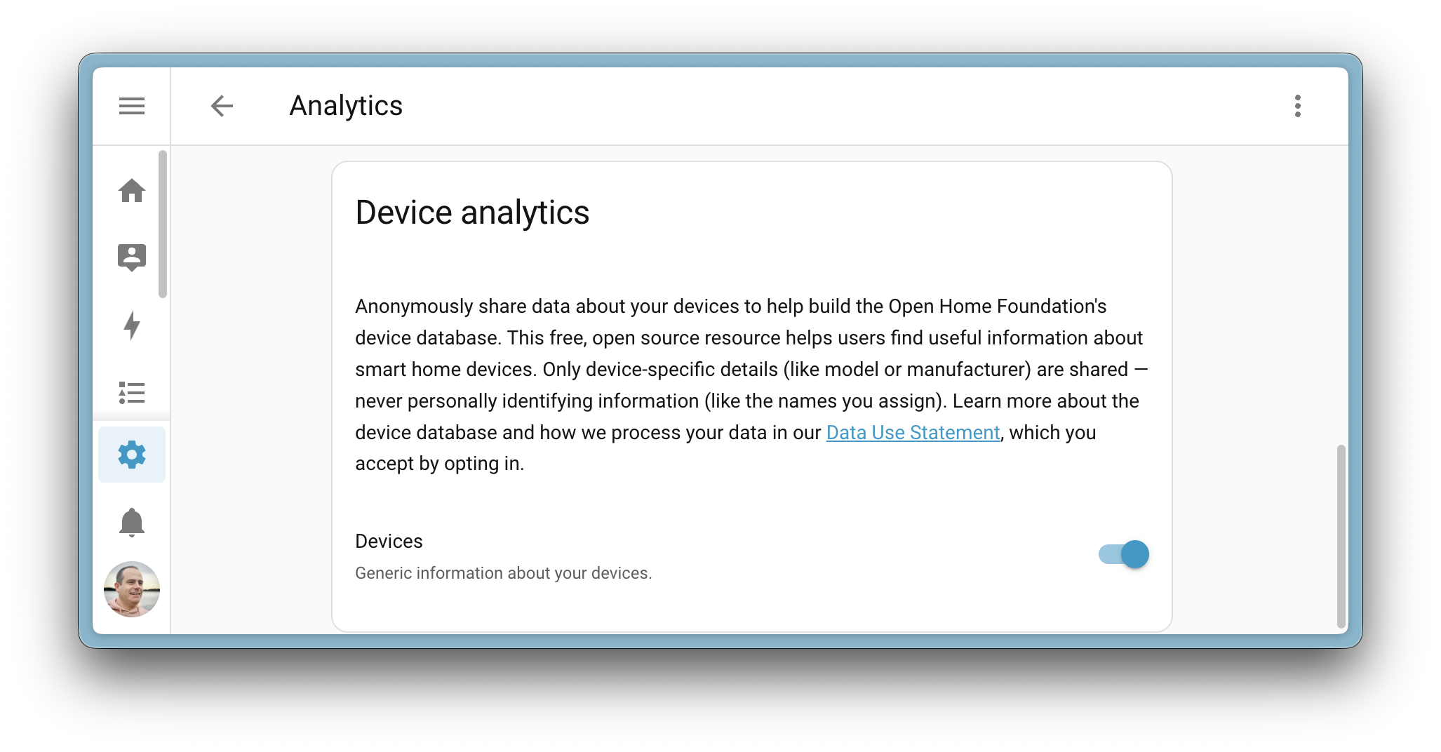 Screenshot of the device analytics section in Home Assistant Labs.