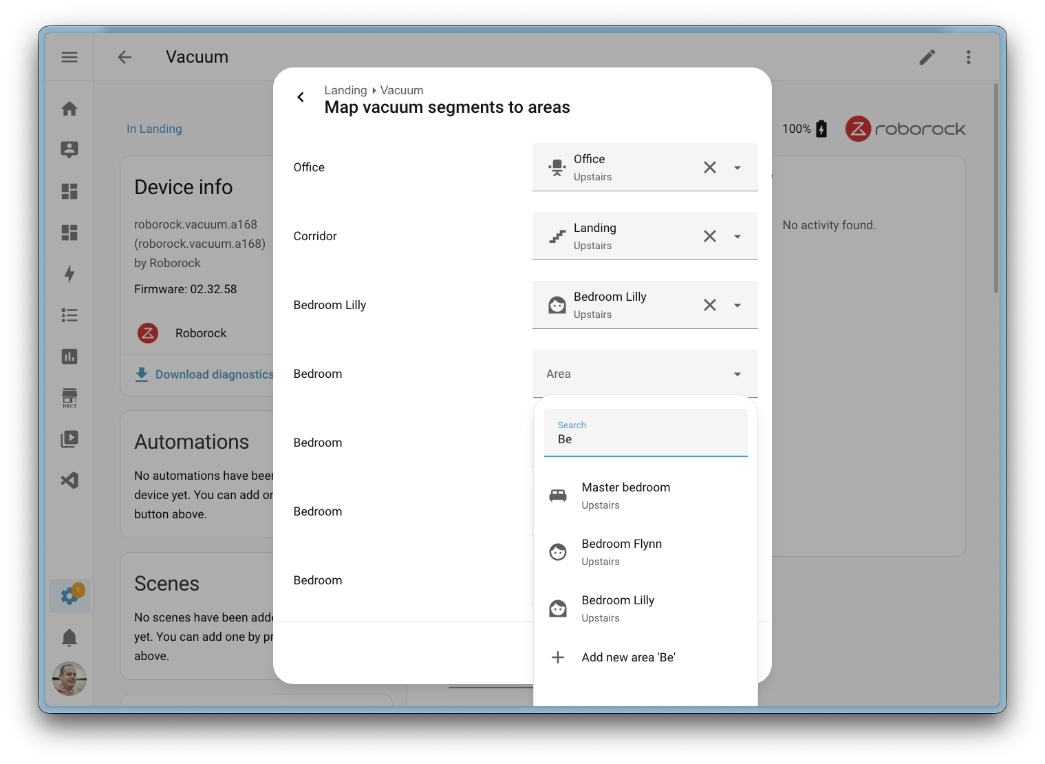 Screenshot of the vacuum area mapping dialog, allowing you to map vacuum segments to Home Assistant areas.