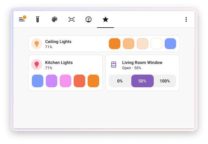 Screenshot of tile cards showing favorite light color buttons and cover favorite position buttons. Each light card displays a row of color swatches, while the cover card shows position buttons like 0%, 50%, and 100%.