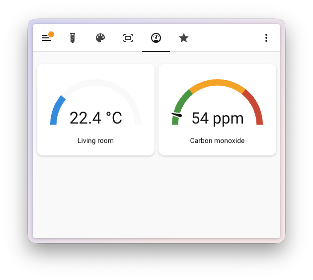 Screenshot of the redesigned gauge card showing a modern, clean design with circular gauge indicators for temperature and carbon monoxide levels.