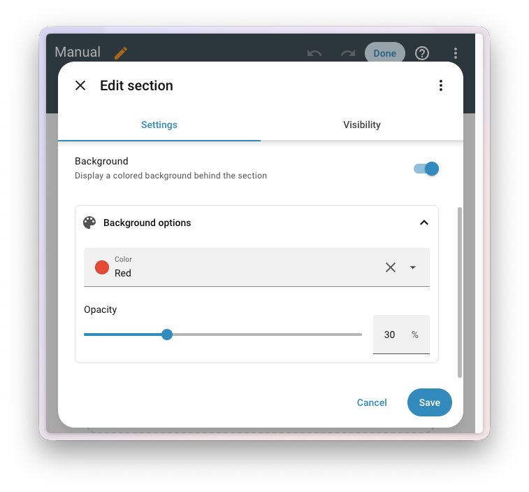 Screenshot of the section background settings, showing the background toggle enabled, with a color picker set to red and an opacity slider set to 20%.
