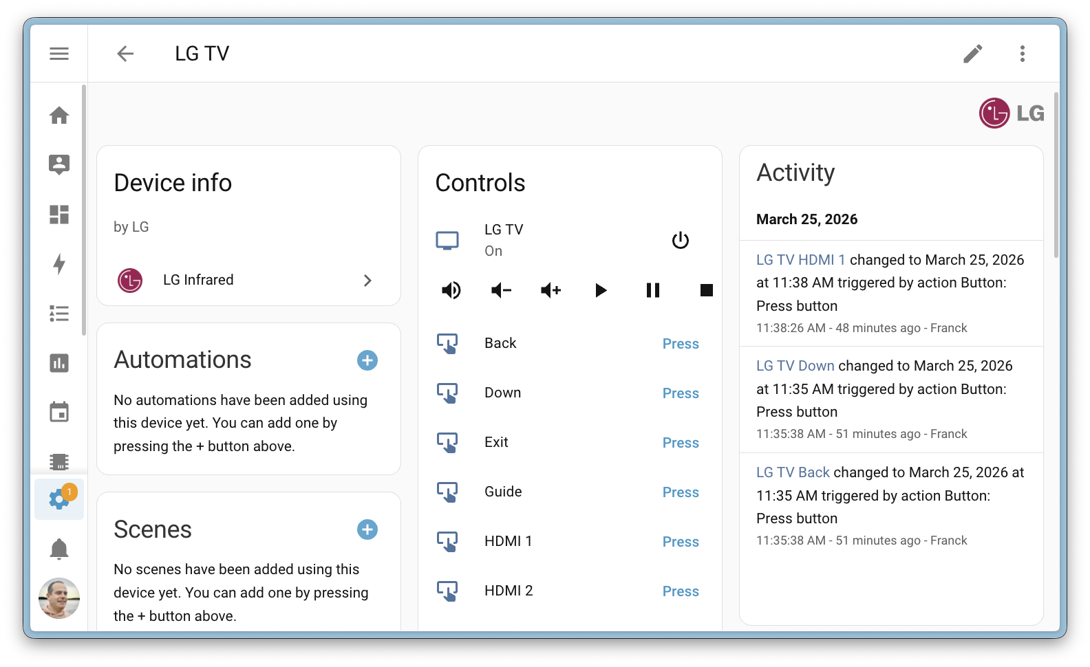 Screenshot of the LG TV device page in Home Assistant, showing media player controls for power, volume, and playback, along with button entities for navigation, HDMI input selection, and other remote functions.