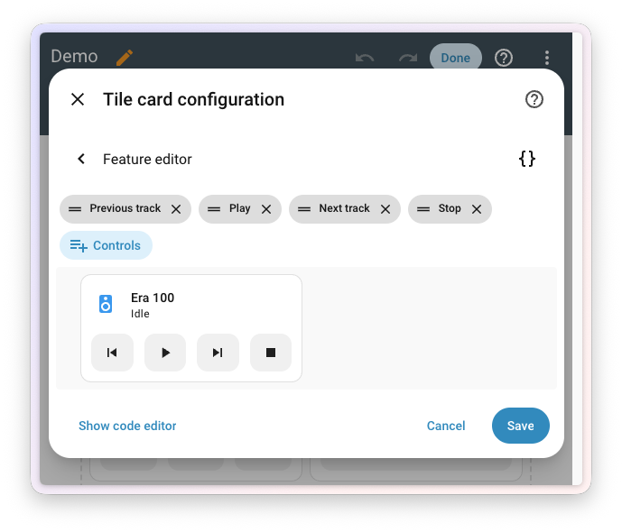 Screenshot of the tile card playback feature editor with reorderable control chips and a media player preview.