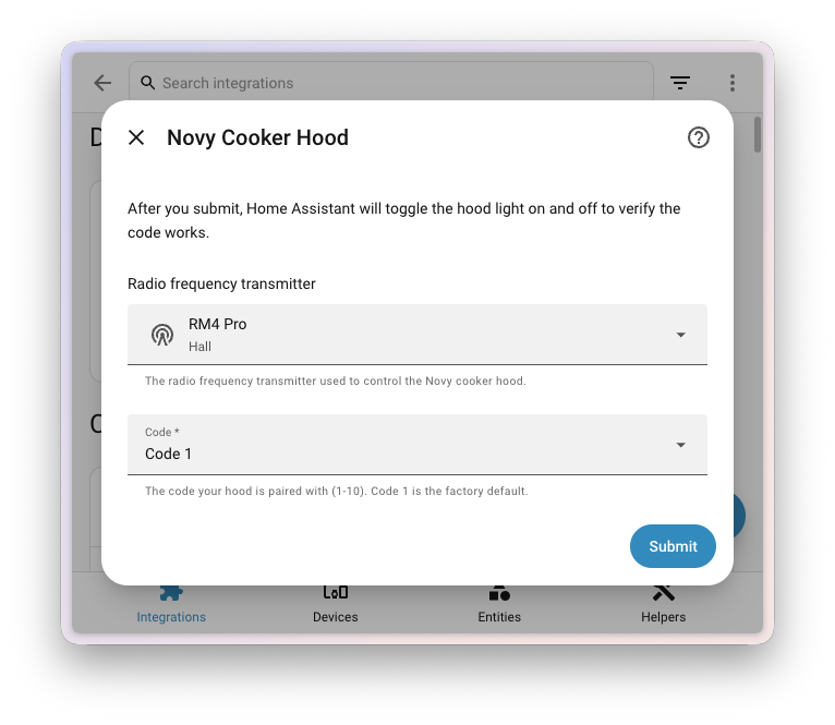 Screenshot of an RF device setup dialog, with a Radio frequency transmitter dropdown.