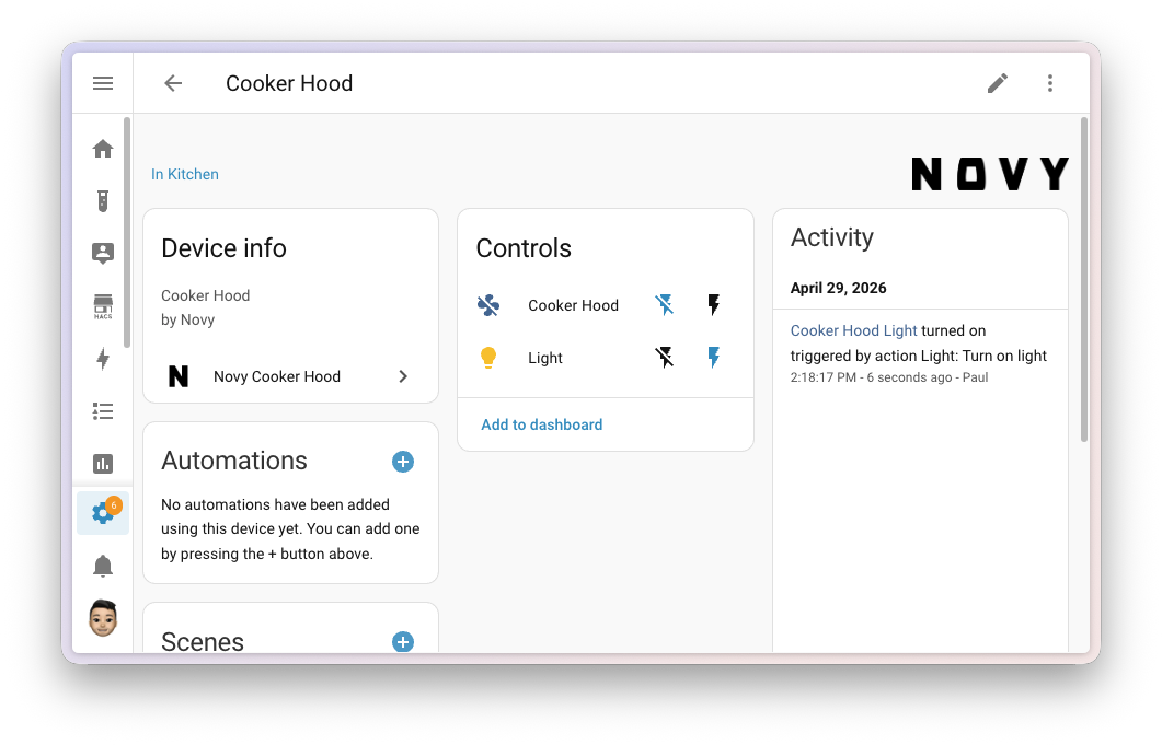 Screenshot of an RF-controlled device page in Home Assistant, showing controls and recent activity.