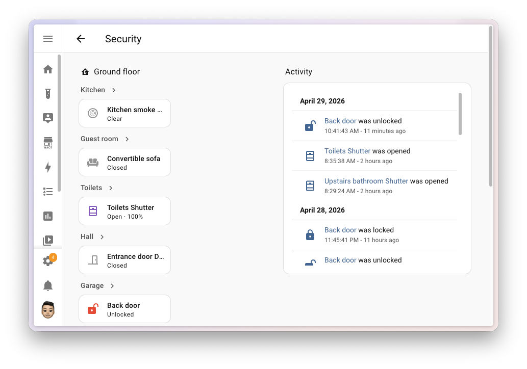 Screenshot of the Security dashboard with the new Activity sidebar showing recent events.