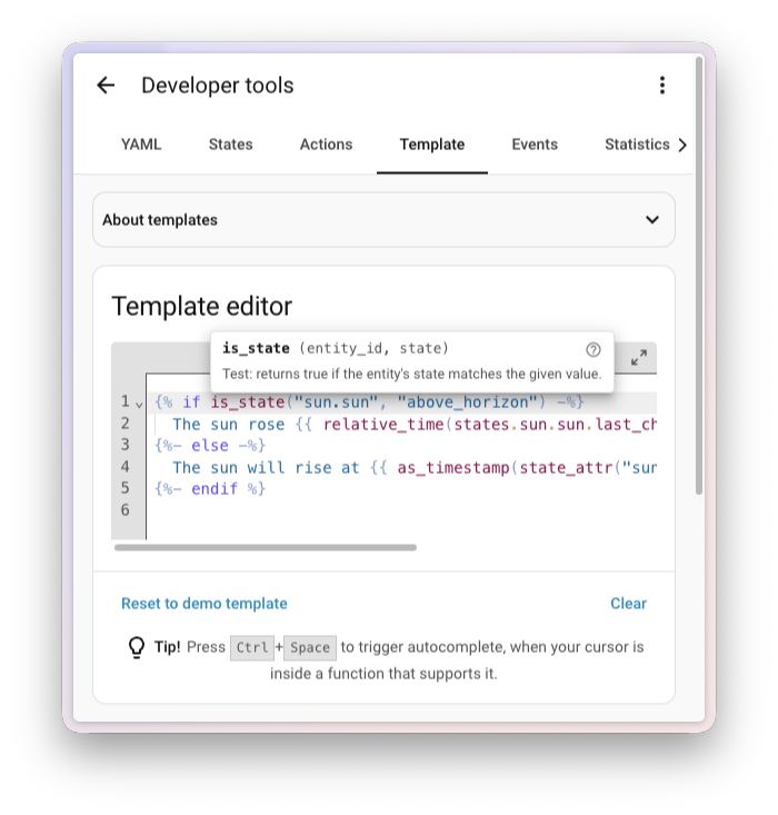 Screenshot of the template editor showing a hover tooltip on a template function.