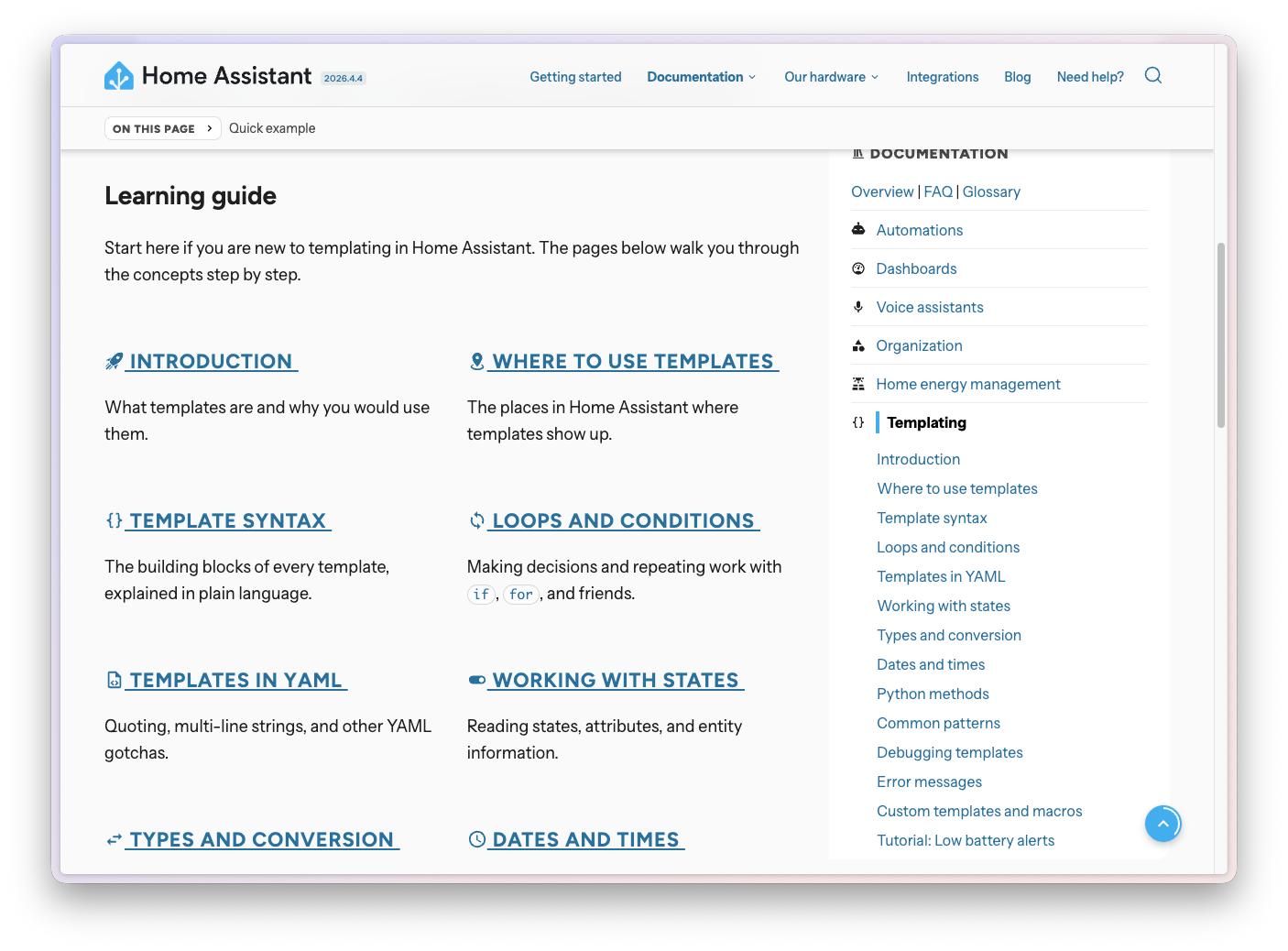 Screenshot of the new templating documentation landing page with the learning guide.