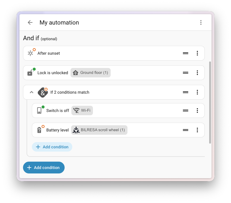 Screenshot of an automation condition row with a live test indicator badge on the condition icon.