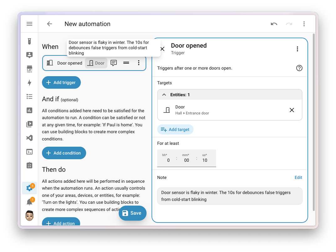 Screenshot of an automation trigger row with a small note icon, showing the note in a tooltip on hover.