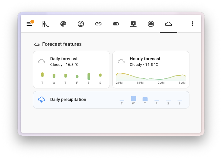 Screenshot of weather tile cards showing the temperature and precipitation forecast features.