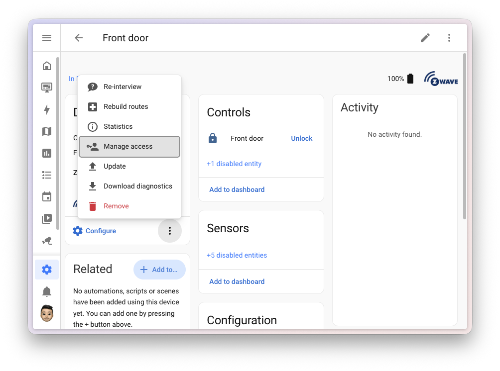 Screenshot of a Z-Wave smart lock device page with the new Manage access option in the menu.
