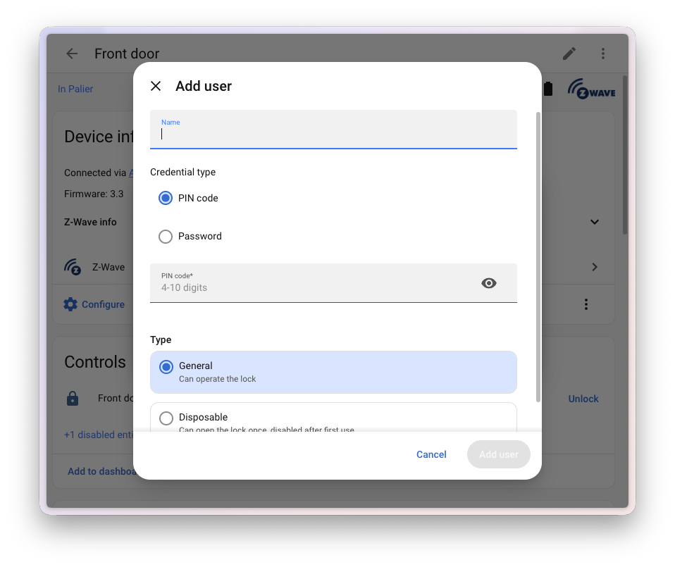 Screenshot of the Add user dialog for a Z-Wave smart lock, with fields for the user name, a PIN code / Password credential type selector, and a PIN code input.