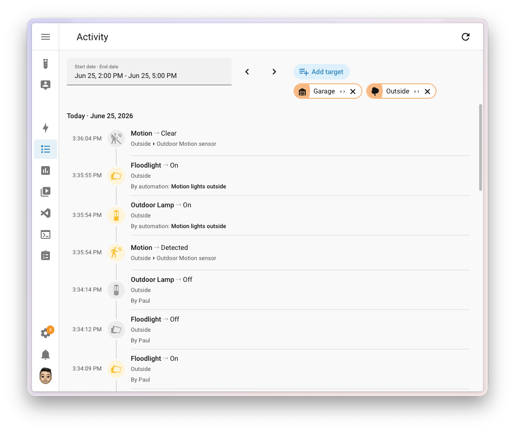 Screenshot of the redesigned Activity timeline, with entries grouped by day on a vertical rail with colored state dots.