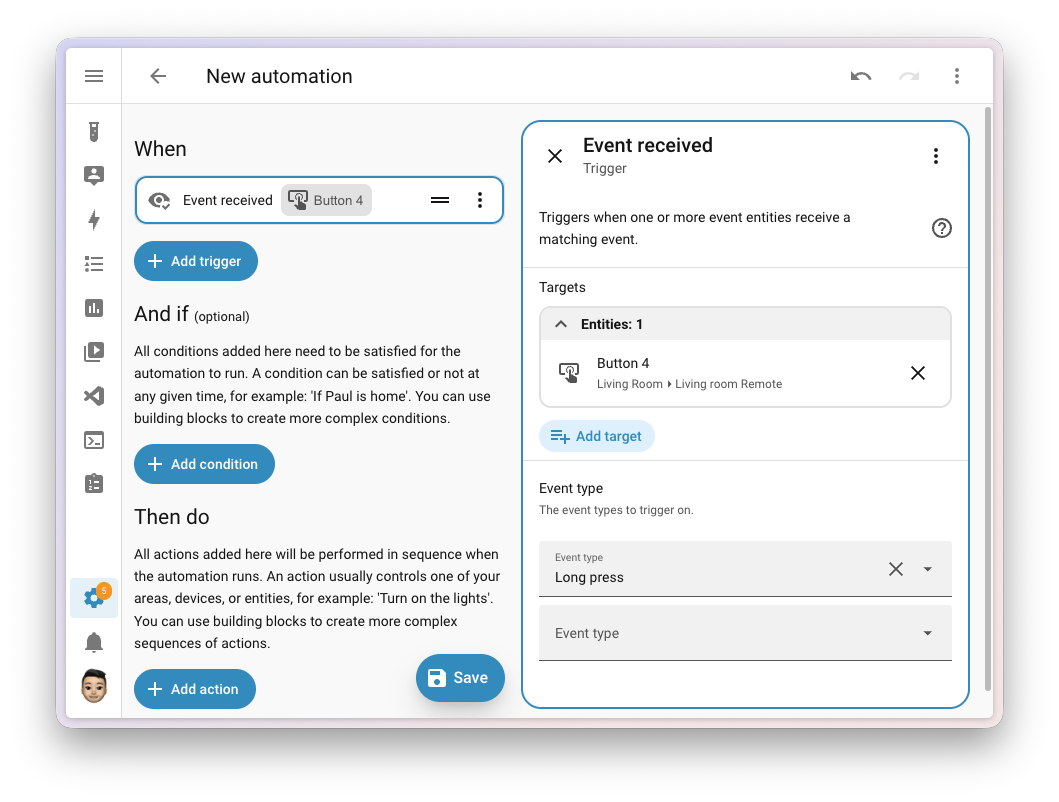 Screenshot of the automation editor reacting to an event entity directly, instead of working around its state.