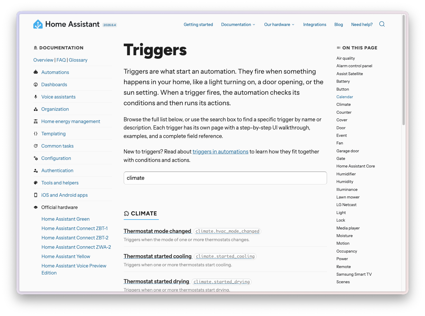 Screenshot of a trigger documentation page, explaining what the building block does, how to use it in the UI, and how it looks in YAML.