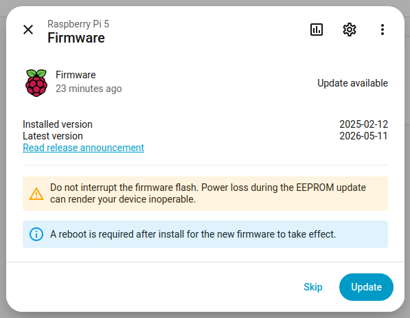 Screenshot of the Raspberry Pi firmware update entity on the Settings, Updates page.