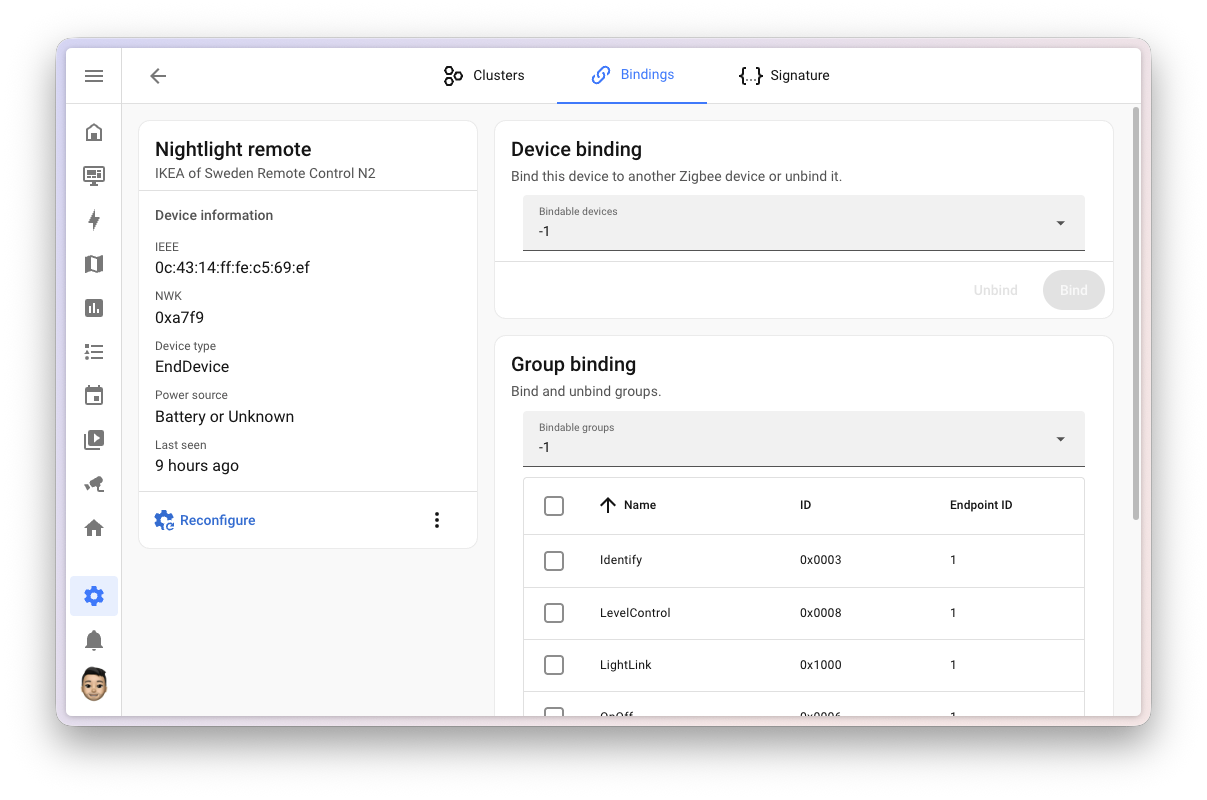 Screenshot of the revamped ZHA device management page, with a device summary card and tabbed navigation for clusters, bindings, signature, and neighbors.