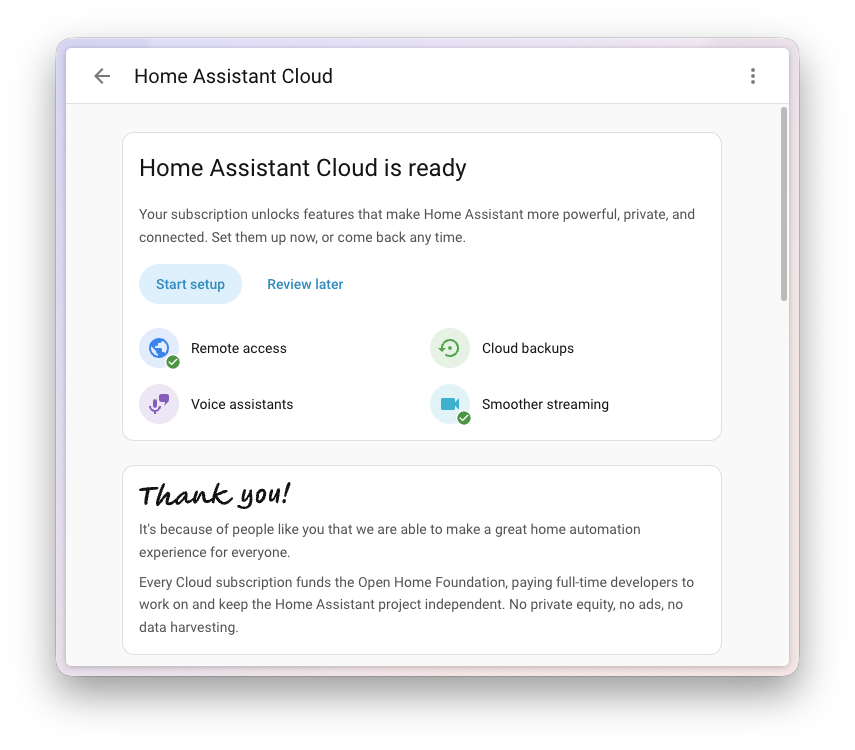 Screenshot of the top of the redesigned Home Assistant Cloud page, showing the overview with each cloud feature in its own space.