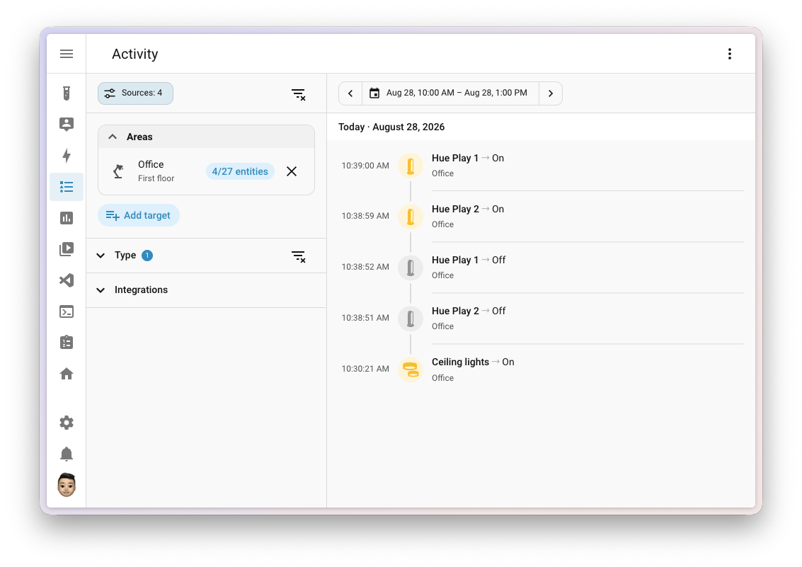 Screenshot of the Activity page with the new Sources panel open, filtering activity down to the lights in the office.
