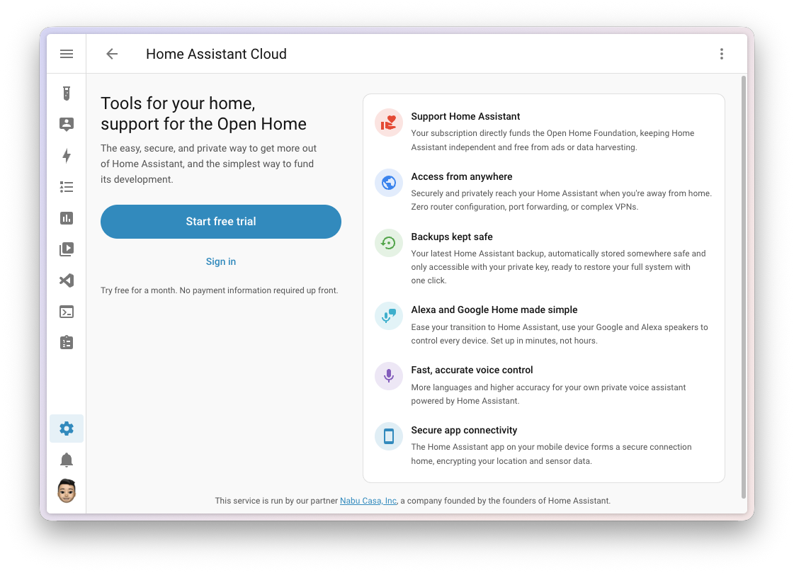 Screenshot of the redesigned Home Assistant Cloud start page, with a button to start a free trial, a link to sign in, and an overview of what Home Assistant Cloud offers.