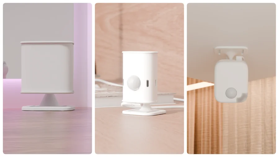 The Everything Presence Lite, One, and Pro sensors shown side by side in three panels.
