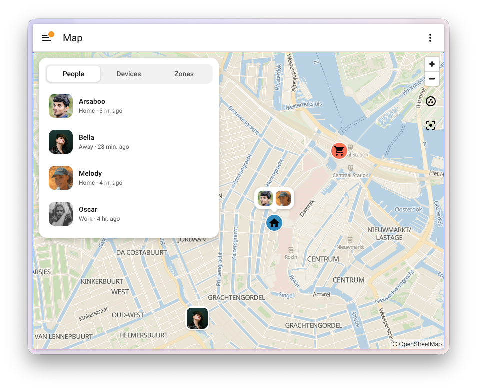 Screenshot of the map with the redesigned markers, showing a person with their picture, two people sharing a bubble on the Home zone, and the Supermarket zone with its icon, next to the overview listing everyone on the People tab.