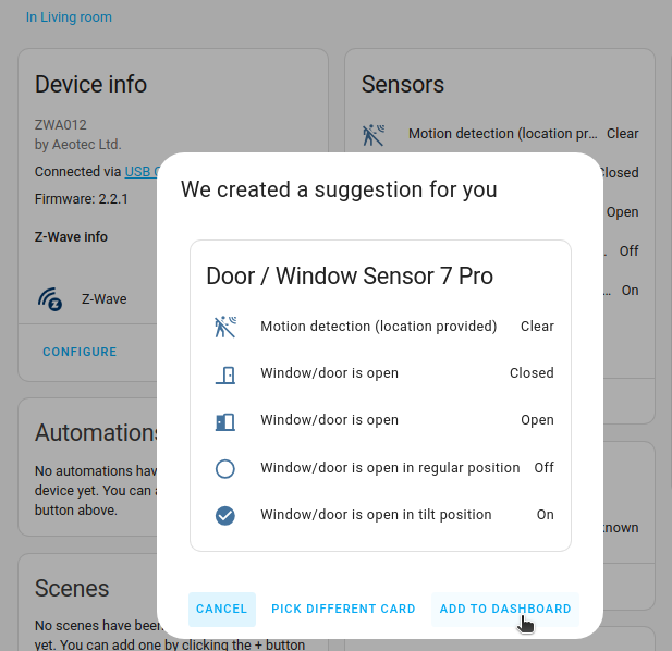 Add to Dashboard button on the device page