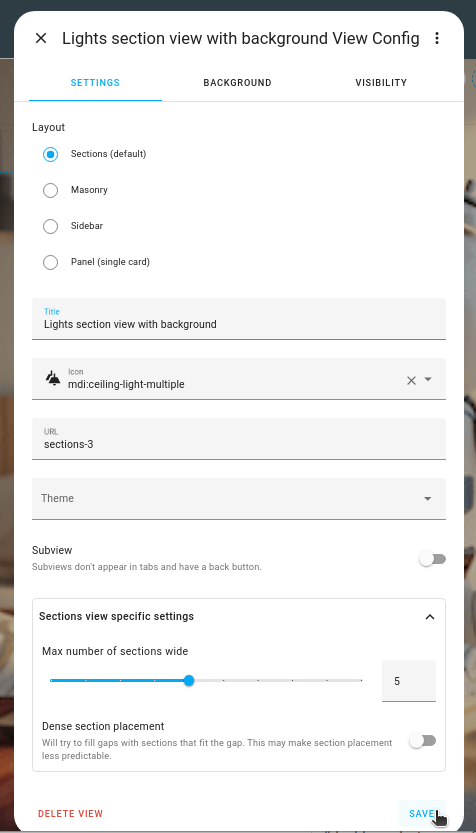 The create new view configuration dialog