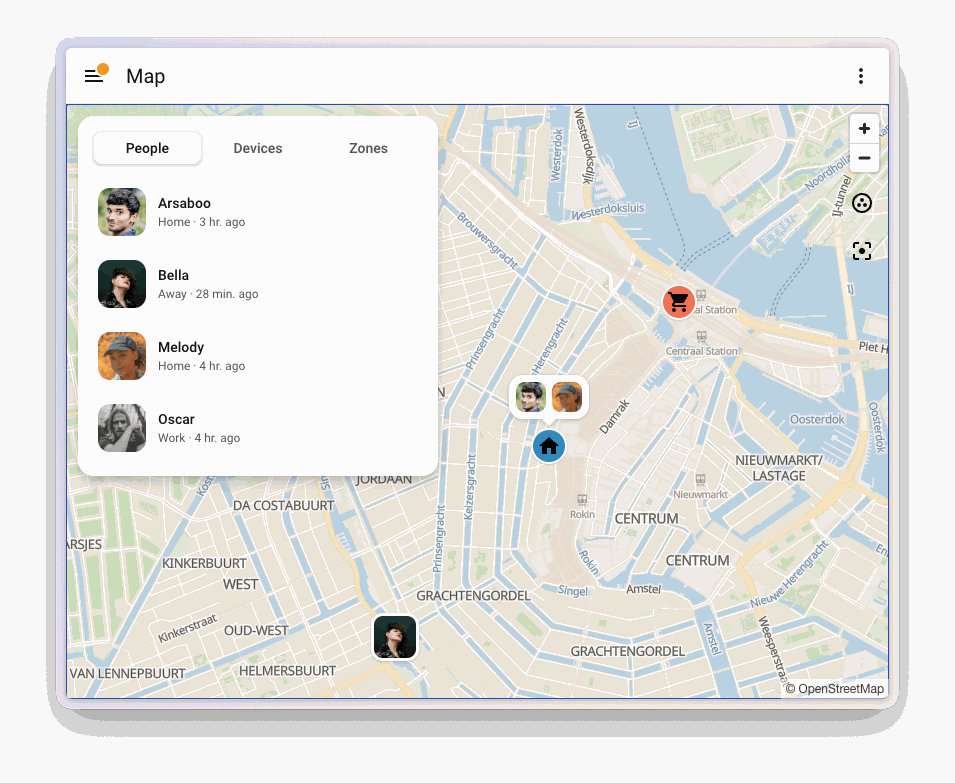 Screenshot of the Map dashboard. The map card shows the People tab with four people, two of them grouped in one bubble at the home zone, one at a shop zone, and one on their own.