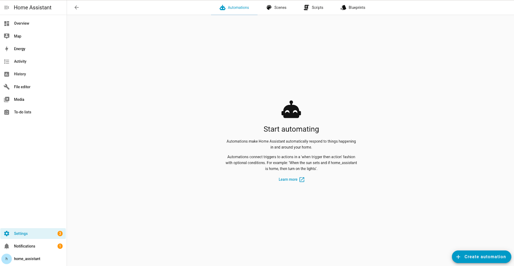 Automations page with Create automation button