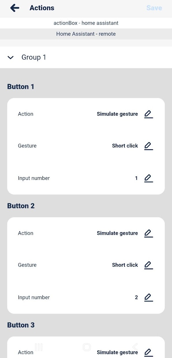 wBox app remote actions editor showing button gesture and input number