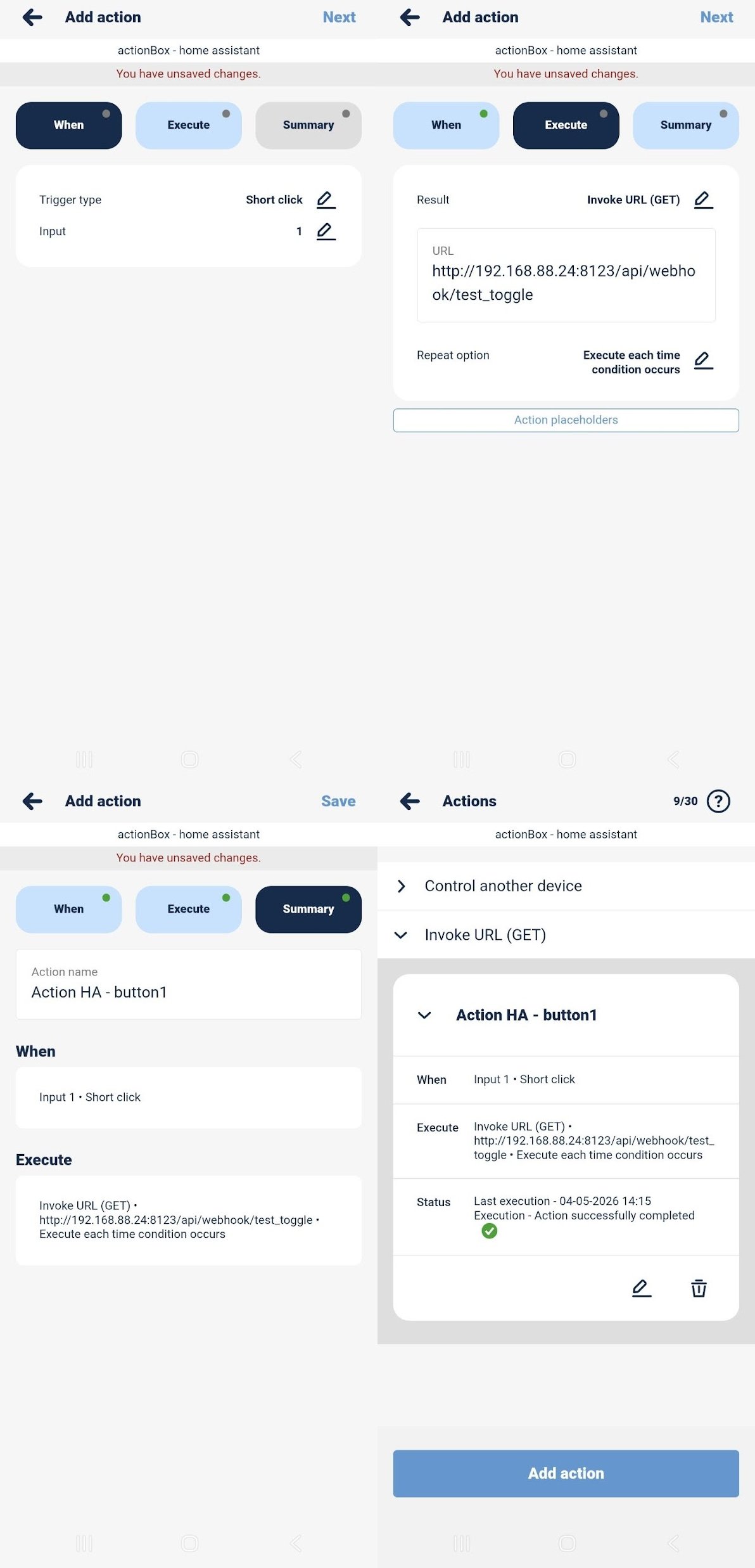 wBox app steps: setting trigger, entering webhook URL, summary, and actions list